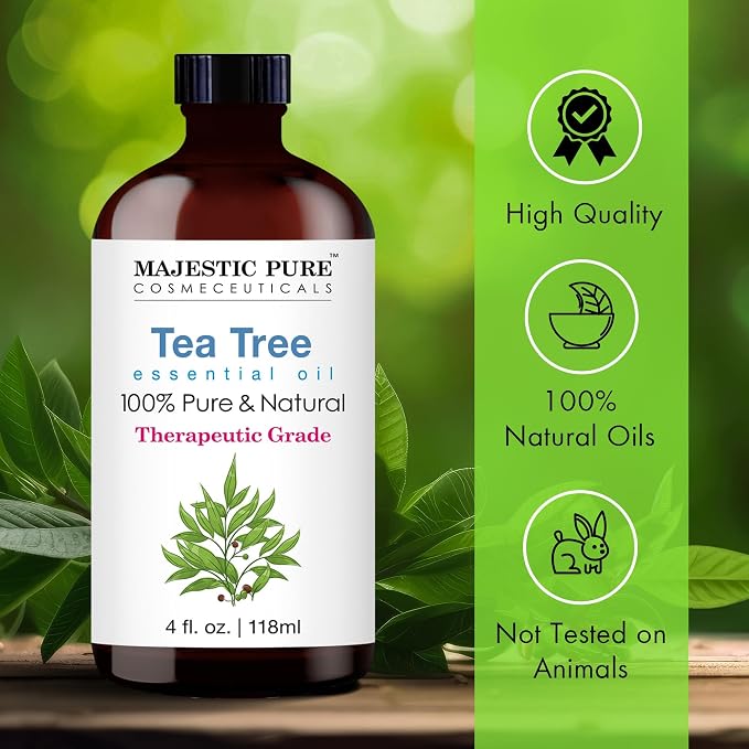 Majestic Pure Tea Tree Essential Oil with Glass Dropper - 4 Fl Oz Pack of 2-100% Pure and Natural Tea Tree Oil - Premium Grade Essential Oils for Diffuser, Aromatherapy, Soap and Candle Making