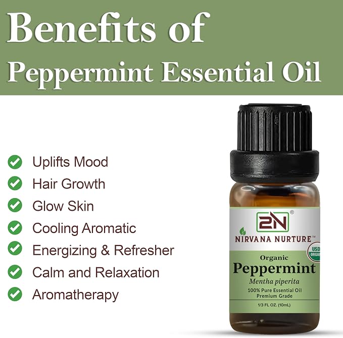 Peppermint Essential Oil, USDA Certified Organic, 100% Pure Undiluted, Aromatherapy Oil for Diffuser, Hair & Skin Care