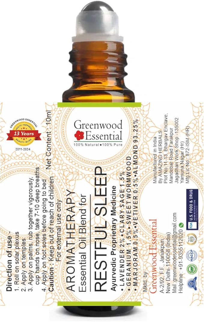 Greenwood Essential RESTFUL Sleep - Aromatherapy Essential Oil Blend of Pure Clary Sage, Vetiver, Marjoram, Lavender & Geranium Essential Oils 10ml (0.33 oz) by Greenwood