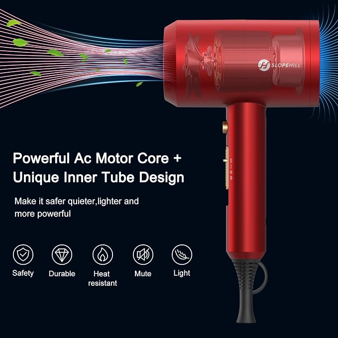 Slopehill Professional Ionic Hair Dryer, Powerful 1800W Fast Drying Low Noise Blow Dryer with 2 Concentrator Nozzle 1 Diffuser Attachments for Home Salon Travel (Agate Red)