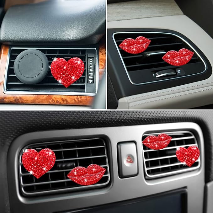Bling 5 Pcs Red Lips Air Vent Clips, Heart Shape Crystal Car Decor - Women Rhinestone Diffuser Vent Clip Cute Car Accessories (Red lips)