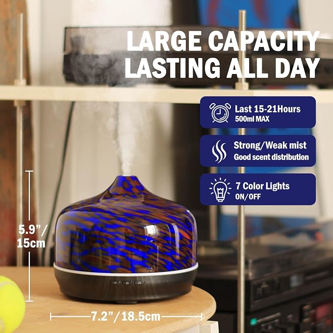 Porseme 500ml Glass Essential Oil Diffuser Aromatherapy Ultrasonic Cool Mist Humidifier 15-21 Running Hours Waterless Auto-Off Air Diffusers for Sleeping Yoga Working Spa(Cobalt Blue)