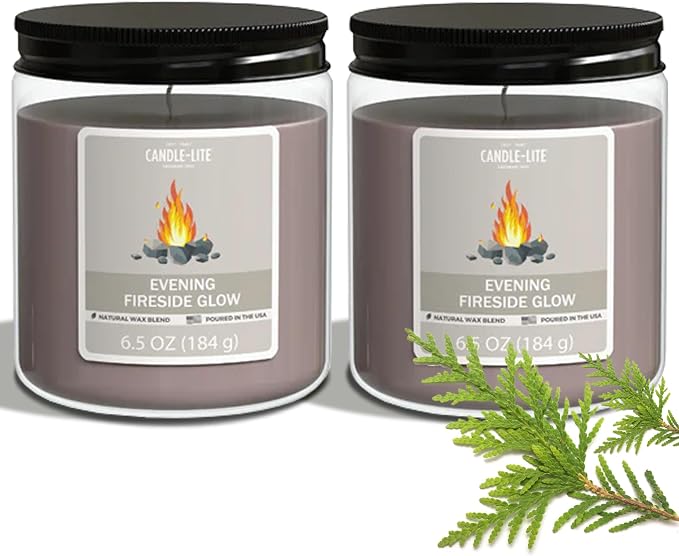 Candle-Lite 2 Pack Scented Candles, Evening Fireside Glow, 6.5 oz Jar, Proudly Poured in The USA, Aromatherapy Candle Set, Single-Wick with 40 Hours of Burn Time, Ideal Gift for Men and Women