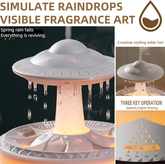 Raindrop Humidifier for Bedroom Large Room -Air Humidifiers and Aromatherapy Diffuser,Ultrasonic humidifier,Quiet humidifier with Ambient Light & 4 Timer,Waterless Auto Off