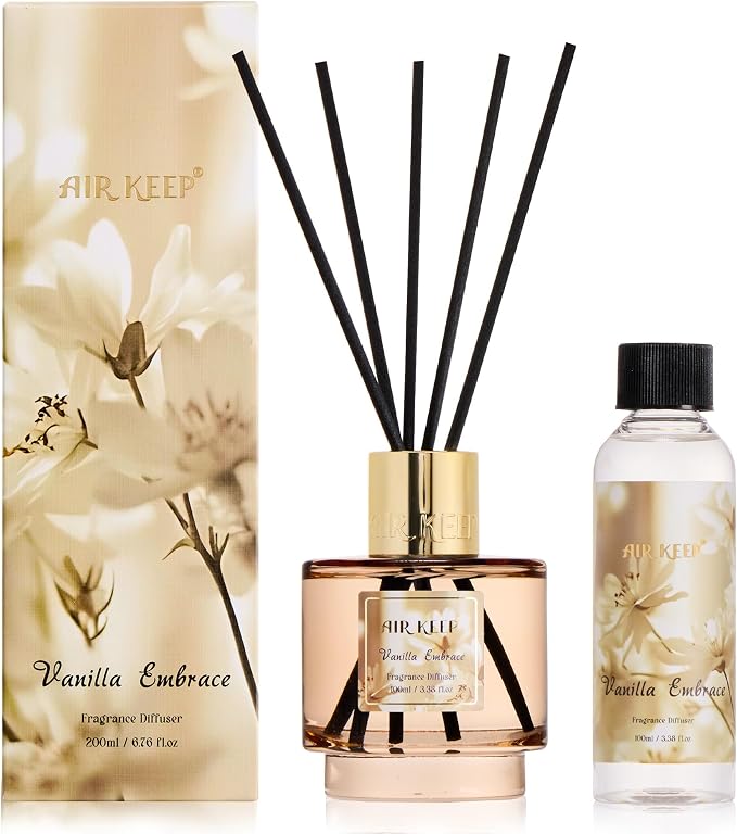 Airkeep Reed Diffuser Set with Refill & 8 Reed Sticks, 6.96 fl oz Vanilla Embrace Home Fragrance, Long Lasting Aromatherapy Diffuser for Bedroom, Bathroom & Living Room