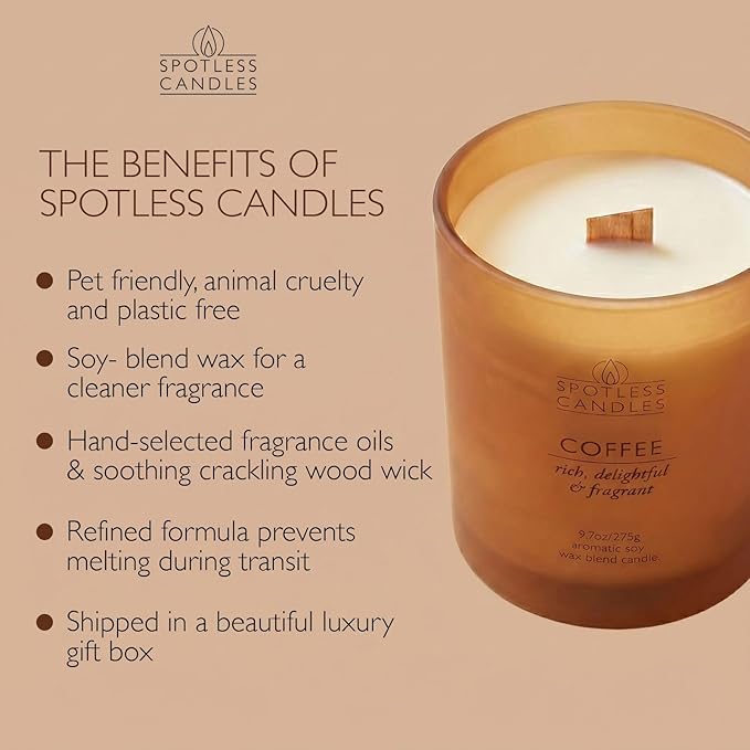 Coffee Candle; 9.7oz, 55 Hrs Burn Time, Soy Wax Brown Frosted Jar with Crackling Wooden Wick & Luxury Gift Box with Gold Foil Strip: Coffee Scented Candle by Spotless Candles