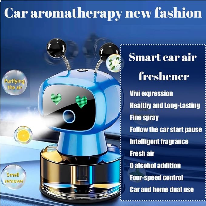 Robot Intelligent Aromatherapy Machine, Smart Cute Robot Car Air Freshener - Fine Spray/Fillable/Four-Gear Adjustment/Vibration Sensing/On-Off/Large Capacity Long-Lasting Fragrance/Blue-V2(Ocean)