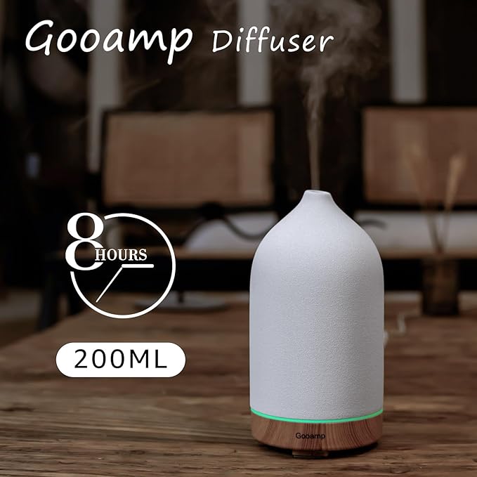 Gooamp 200ML Ceramic Essential Oil Diffuser (Set of 2) - Ultrasonic Aromatherapy & Humidifier with 7-Color LED Lights, Auto Shut-Off, Wood Grain Base, 1H/3H/6H Timer | Scent for Home, Office, Yoga