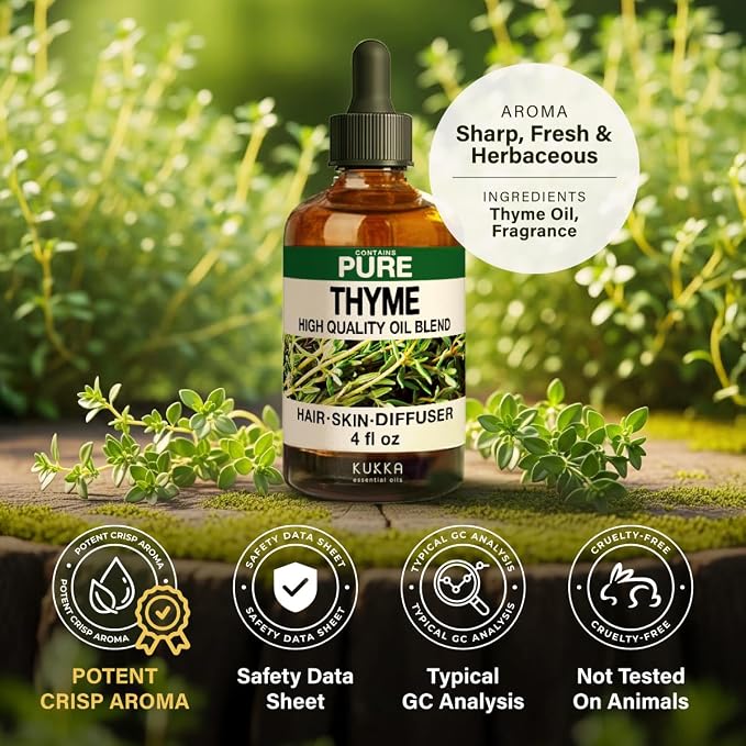 100% Pure Thyme Oil - 4 Fl Oz Thyme Essential Oil for Hair, Skin, Diffuser, Aromatherapy & DIY Soap Making Scent