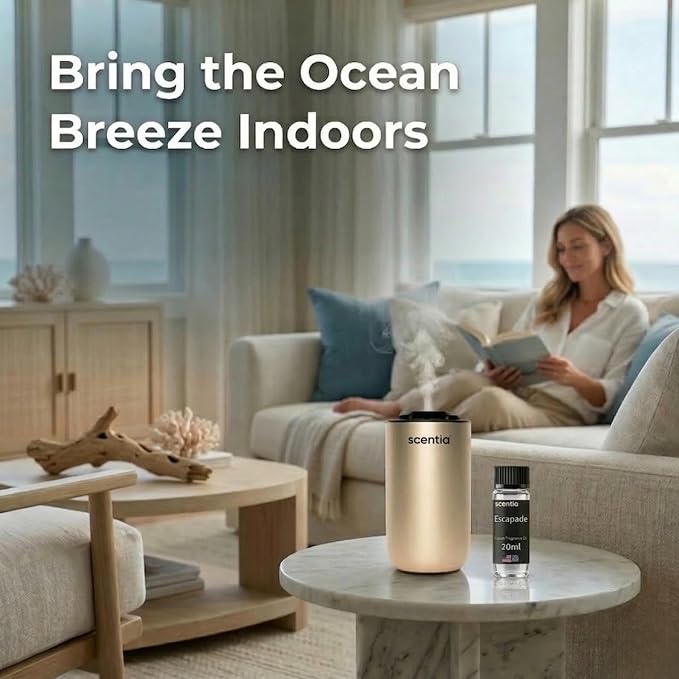 Scentia Escapade Aromatherapy Oil for Diffuser – Hotel Scent Inspired by 5-Star Resort – 20 mL – Jasmine, Bergamot & Marine Natural Fragrance Oil for Waterless & Cold Air Diffusers, Made in USA