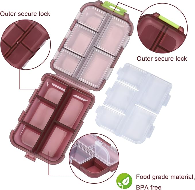 Medicine Pill Organizer with 189 Labels, 10 Compartments Travel Pill Box, Mini Case, Compact Container for Purse (Brown)