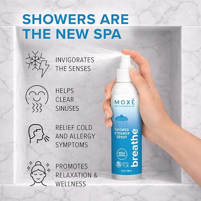 MOXE Breathe Shower Mist, Eucalyptus and Peppermint, Spa Steam Spray, Certified Natural 100% Essential Oils, Made in USA, Aromatherapy, Sinus Congestion Relief, Tension Relief, 4 Ounces (1 Pack)