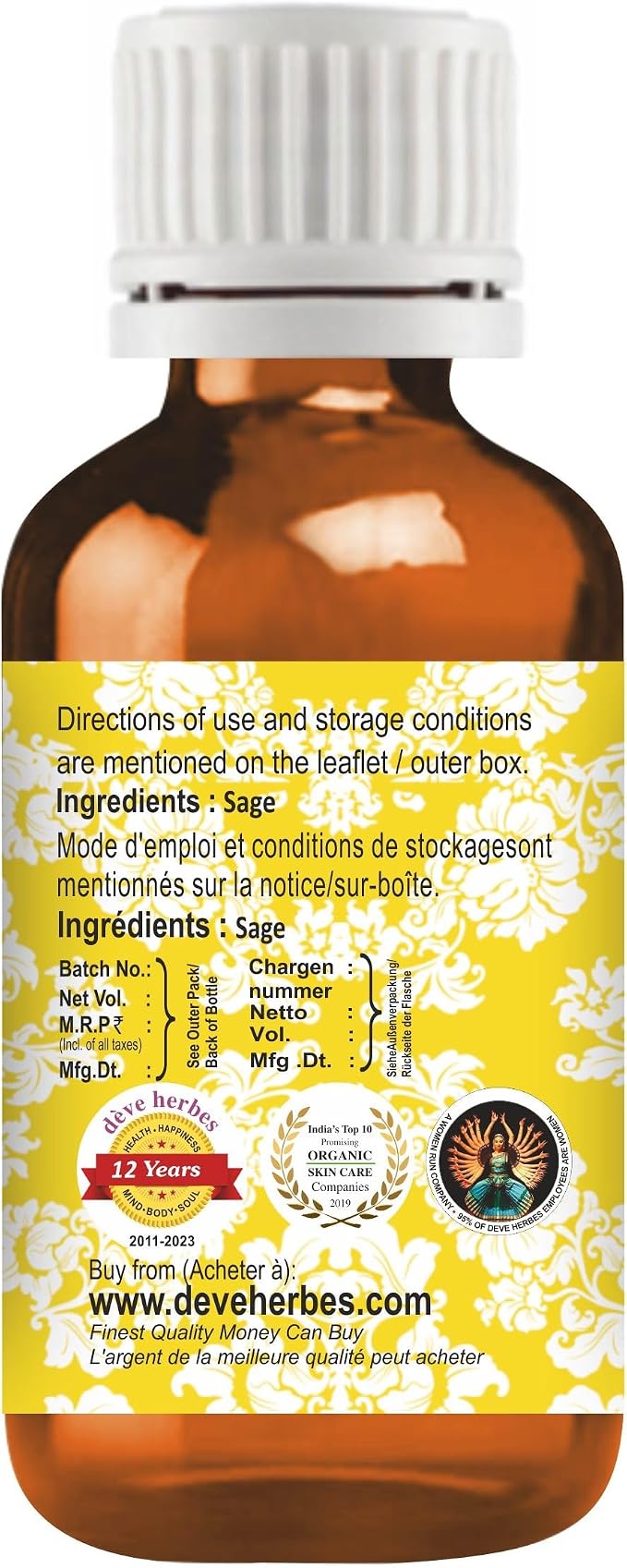 dève herbes Sage Essential Oil (Salvia officinalis) Pure | Non-Sticky | Non-Greasy | Lightweight | Men & Women | All Skin Types | Steam Distilled 10ml (0.33 oz)