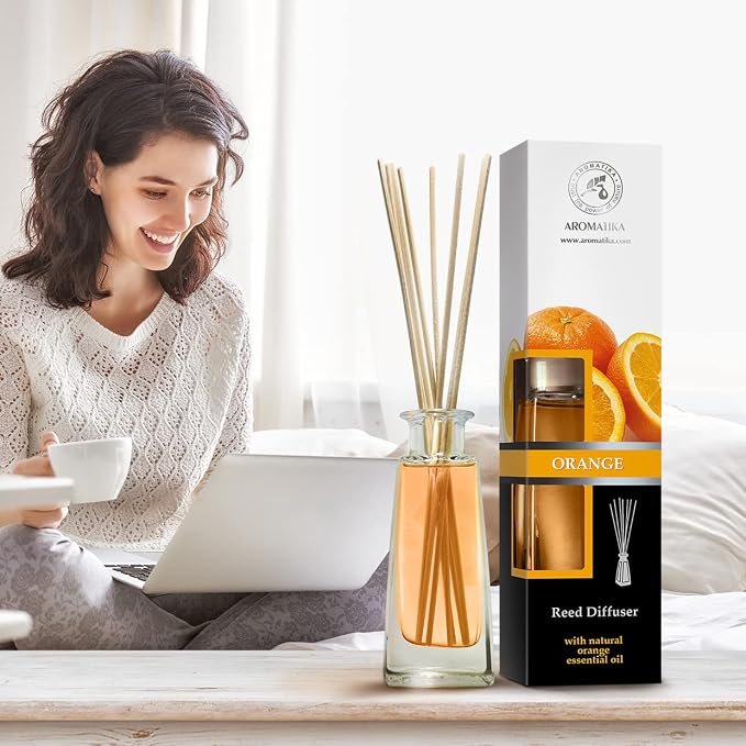 Orange Diffuser w/Orange Oil 3.4 Fl Oz - Fresh Room - Long Lasting Fragrance - Scented Reed Diffuser Orange - Diffuser Gift Set - for Aromatherapy - Home - Orange Essential Oil Diffuser by AROMATIKA