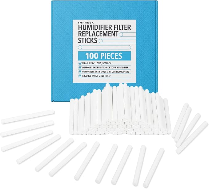IMPRESA Humidifier Refill Sticks - 4 in x 0.3 in, Pack of 100 - Fast Soak Porous Absorption with Cotton Filter Sticks - Universal Fit & Filter for Mini Humidifier & Diffuser