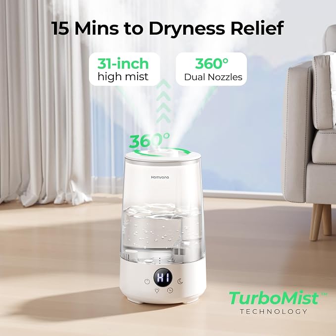 Homvana 3.6L Top-Fill Cool Mist Humidifier for Bedroom, Large Room & Plants, Easy-to-Clean 2-in-1 Baby Humidifier & Diffuser for Congestion Relief, 23dB Ultra-Quiet, Lasts Up to 4 Nights, Transparent
