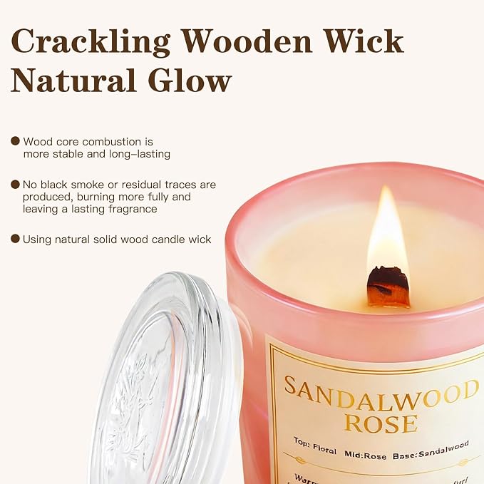 Scented Candles for Home, 2 Pack Wood Wick Sandalwood Rose Scented Candle,22.6 oz 150 Hour Long Burning Lasting, Natural Soy Wax Candles Gifts Set