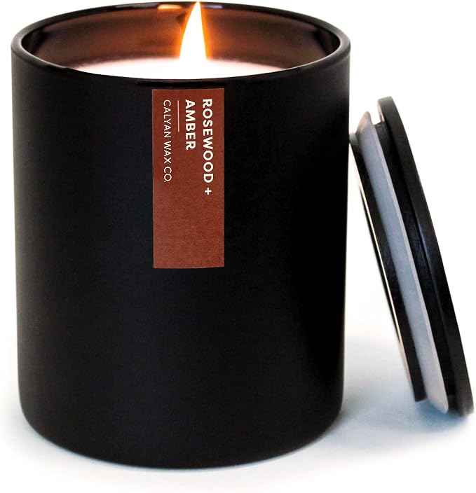 Calyan Wax Co. Rosewood & Amber Scented Candle - 75 Hour Burn - Luxury Clean Soy Wax Candles - Long Lasting Black Tumbler Jar Candle for Home - 10.2oz