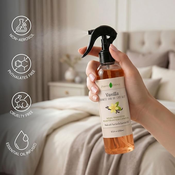 Vanilla Linen and Room Spray, Natural Home Fragrance Made with Pure Vanilla Essential Oil, Perfect Bathroom Air Freshener or Linen Spray (8.5 fl oz)