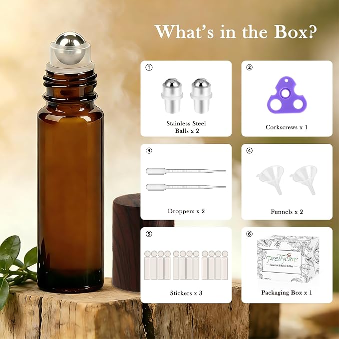 PrettyCare 12 Pack, 10 ml Essential Oil Roller Bottles with Stainless Steel Roller Ball - Refillable Leak-proof Empty Thick Amber Glass Roll on Bottles with Wooden Caps for Travel, Perfume