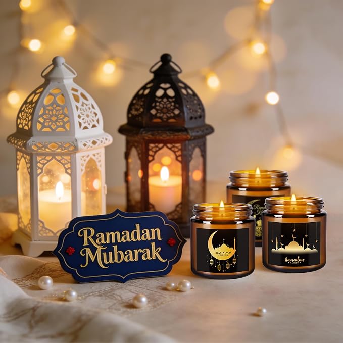 12 Pcs Ramadan Mubarak Scented Candle Set - Eid Candles for Home Decor, Aromatherapy Islamic Gifts for Women & Family, Mosque-Inspired Jar with Islamic Lanterns & Stars, Brown Soy Wax
