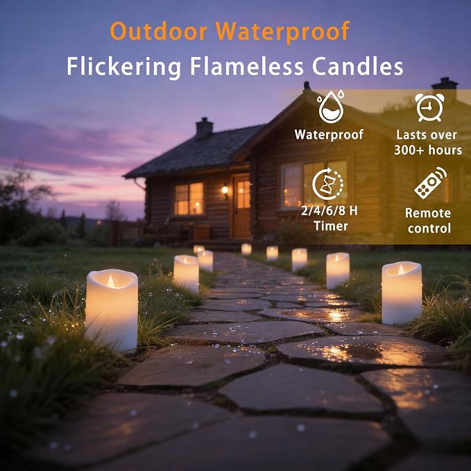 Outdoor Flameless Candles, Patented 3D Dual-LED, Set of 9 Slanted Plastic Pillars with 2 Remotes, Pure White Waterproof Non-Melting Battery Operated Large Set for Modern Fireplace, White