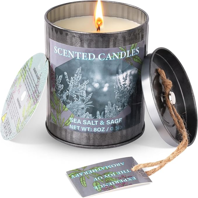 Scented Candles for Home, 8oz Soy Candle, 50H Burn, Sea Salt & Sage Aromatherapy, White Candle in Gift Box, Perfect for Birthday, Mother's Day, Christmas