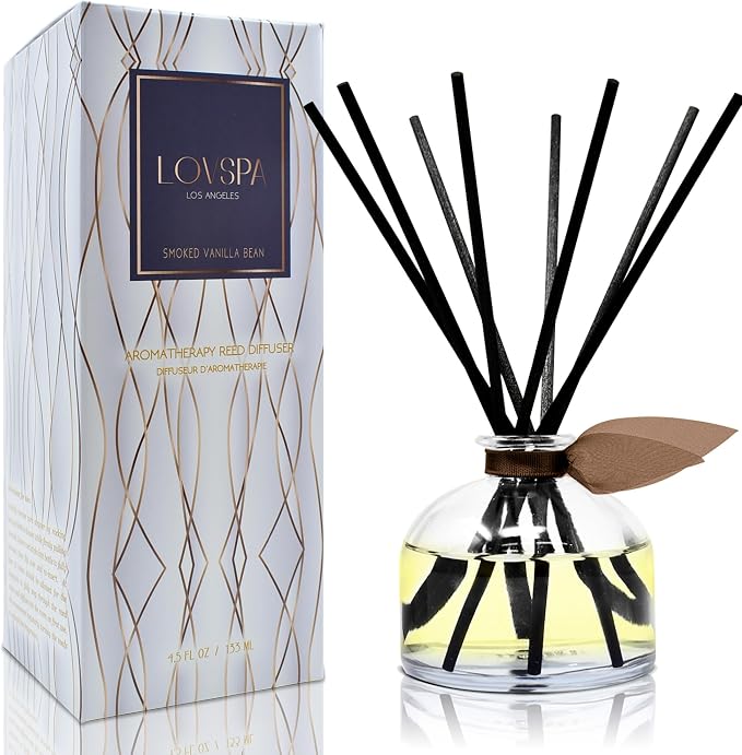 Reed Diffuser Set, Smoked Vanilla Scented Oil Diffuser with Sticks, Home Fragrance Accessories for Bathroom Shelf Decor, Aroma Diffusers for Home or Office Fall Decor, USA Made