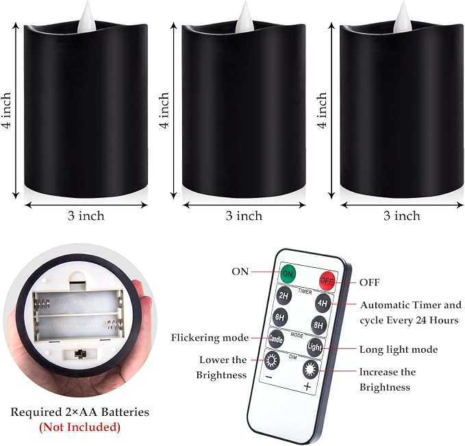 Black Pillar Flameless Candles - 3D Flickering, Remote Timer, Battery Operated, 600+ Hours, Halloween & Gothic Themed Decor (Black, 3"*4"-3pcs)