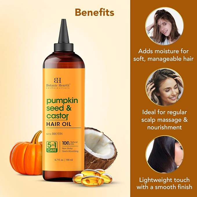 Botanic Hearth Castor Oil for Hair Growth with Pumpkin Seed Oil, Hair Growth Oils for Thinning Hair, Dry Damaged Hair & Scalp Treatment, Strengthens & Nourishes Hair, 6.7 fl oz