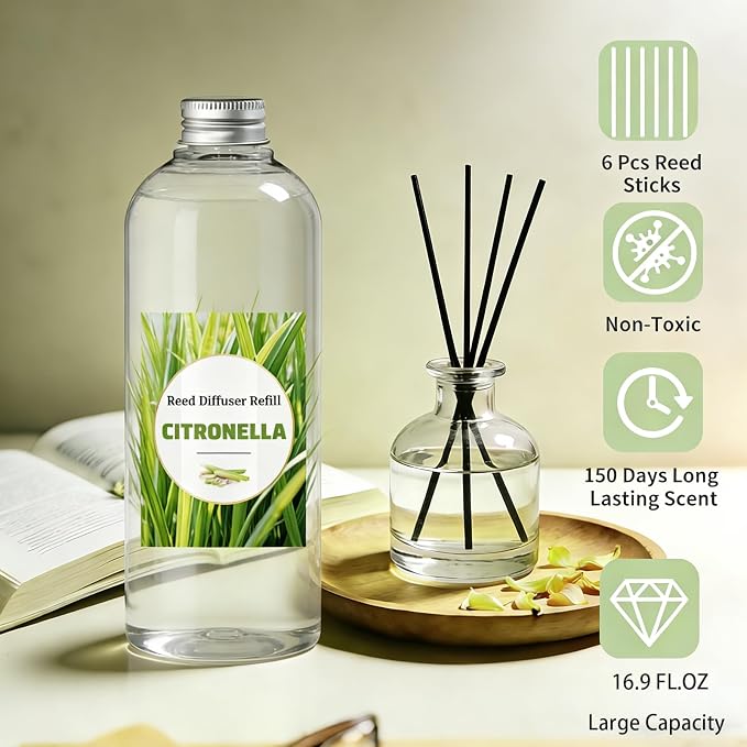 STRN Citronella Reed Diffuser Set, Lemongrass Diffuser Oil Refill, with 6 Sticks 500ML(16.9fl.oz), Room Fresheners for Home, Long-Lasting Scented Fragrance for Summer, Living Room, Bedroom, Office