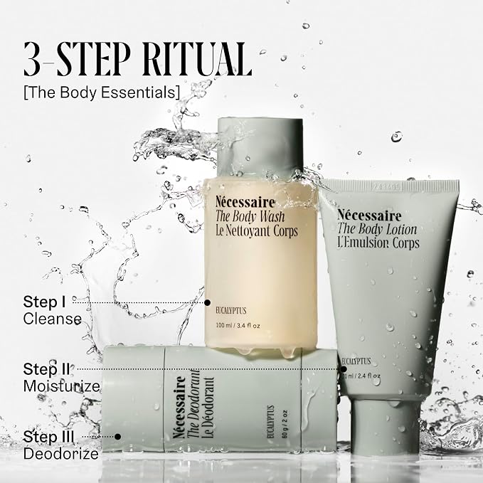 Nécessaire Body Essentials - Skin Care Gift Set For Women + Men - Travel-Size Body Wash, Body Lotion + Deodorant | Dermatologist-Tested. Hypoallergenic | Vegan | Aluminum-Free Deodorant (Eucalyptus)