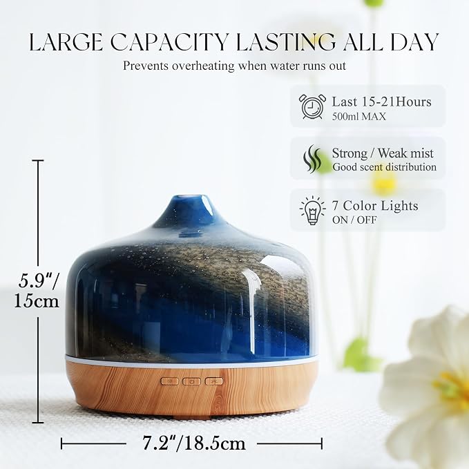 Porseme 500ml Glass Essential Oil Diffuser Aromatherapy Ultrasonic Cool Mist Humidifier 15-21 Running Hours Waterless Auto-Off Air Diffusers for Sleeping Yoga Working Spa(Galaxy)