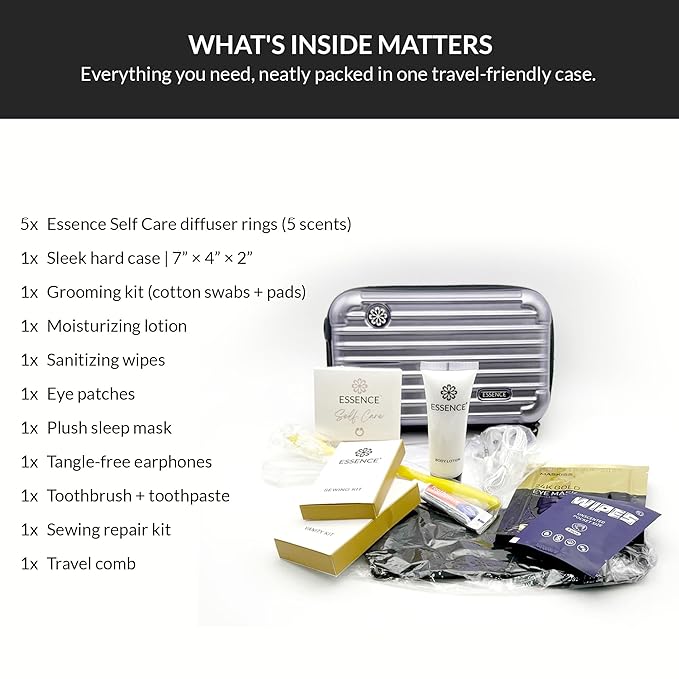 Essence Travel Amenity Kit | Travel Essentials & Travel Size Toiletries Kit | 5-Pack Nasal Diffuser Rings, Sleep Mask, Lotion & Hygiene Kit | Travel Toiletry Kit for Women | Rose Case