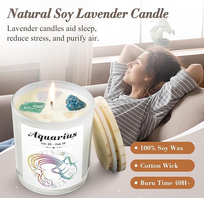 Aquarius Gifts for Women, Zodiac Aquarius Candle with Healing Crystals, Astrology Birthday Gifts for Women, Mom, Sister, Friends, Meditation, Yoga, Relaxation (7oz)