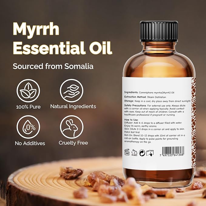 GM Gumili Myrrh Essential Oil 2 Oz, 100% Pure Natural Myrrh Oil for Diffuser, Skin, Hair, Body & Face, Massage, DIY & Home Use