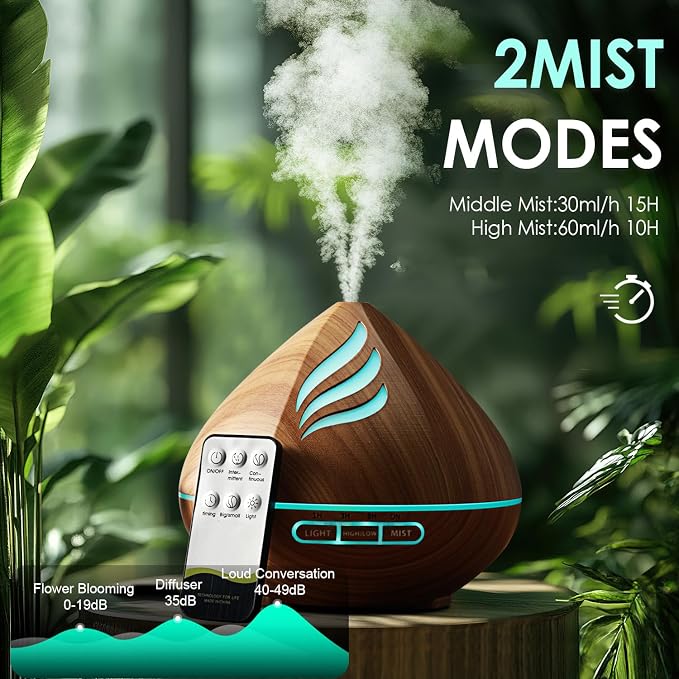 Essential Oil Scent Diffuser: 500ML Aroma Diffuser for Home Bedroom - 14 Colors LED, Remote Control, Ultra-Quiet Cool Mist Scent Diffuser with Timer for Family