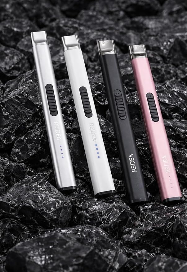 REIDEA Lighters 2 Pack R1 Flat Electronic Candle Lighter, Windproof Flameless USB Rechargeable Arc Lighter with Safe Button and Power Indicator for Candle, BBQ and Fireworks, White