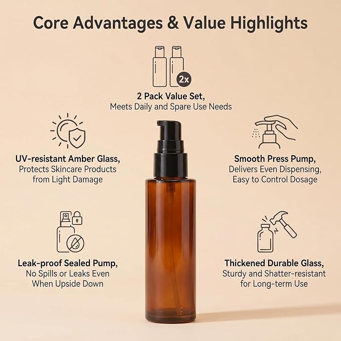 2 PCS 80/2.7oz Amber Glass Travel Bottles with Black Pump, Leakproof Lotion Dispenser for Essential Oil, Cream, Shampoo, Body Wash & Travel Toiletries