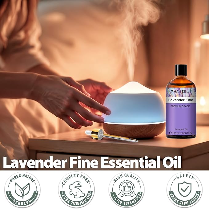 PHATOIL Lavender fine Essential Oil, Pure Premium Natural Oil for Hair Care, Body Skin Care, Aromatherapy, DIY Candle, Soap Making 3.38Fl Oz