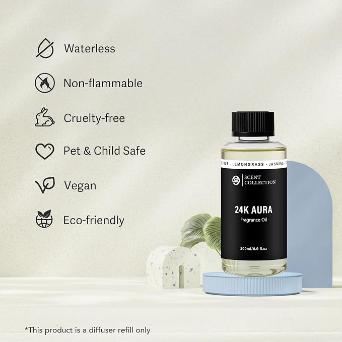 Luxury Hotel Scent 24K Aura 200ml/6.76Fl oz Diffuser Oil Waterless Essential Aromatherapy for Cold Air & Car Diffusers – Long Lasting Refill for Large Room & Home - Signature Lemongrass
