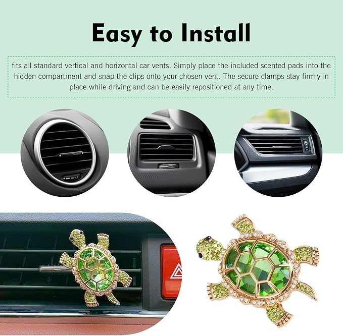 2 PCS Car Air Vent Clips, Shiny Cute Sea Turtle Shaped Air Conditioning Vent Clips, Stylish Vehicle Flavor Diffuser Decorations Fit Women Girl, Universal for Most Cars, Trucks, SUVs (Green)