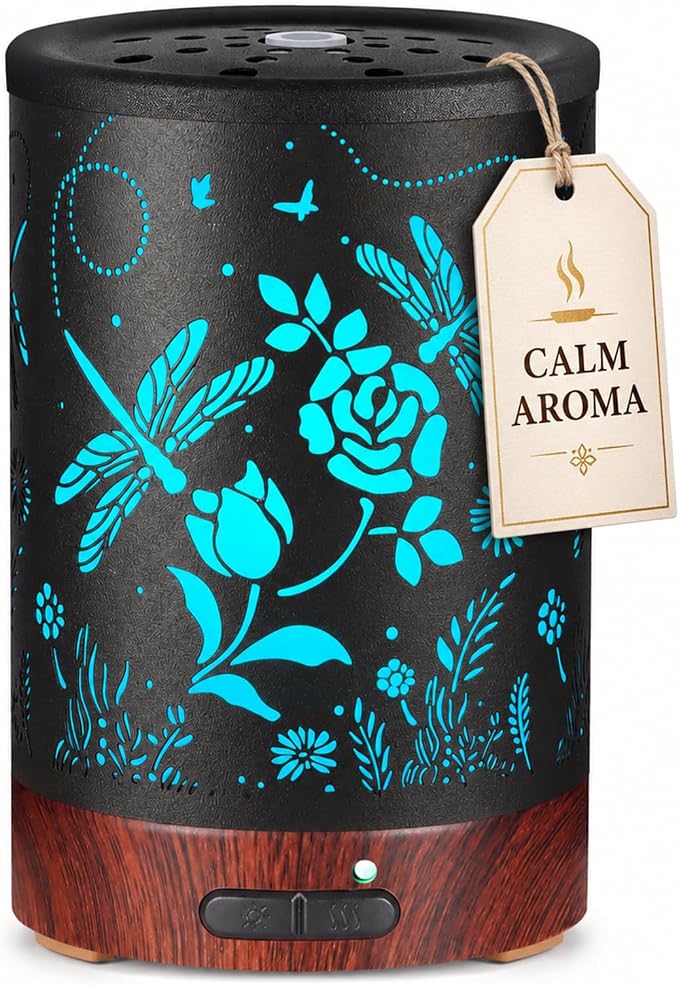 Essential Oil Diffuser- Aromatherapy Diffuser with7 Colors Light and Auto-Off for Women Metal Cool Mist Humidifier for Home and Office for Mom Women(Roses + Dragonflies)