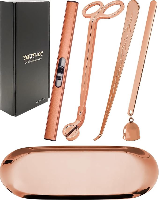 YOUTUOY 5 in1 Candle Accessory Set with Rechargeable Candle Lighter, Candle Wick Trimmer, Candle Wick Snuffer, Candle Wick Dipper, Storage Tray Plate, Candle Care Kit (Rose Gold)
