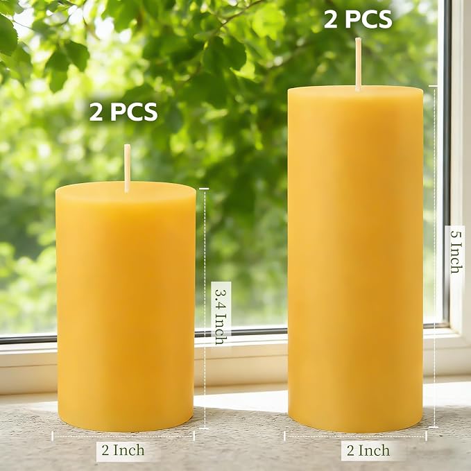 Natural Beeswax Candles Set of 4, Handmade Beeswax Pillar Candles Set, 4 Sizes, 100% Pure Unscented Bees Wax Candle, Honey Aroma Pillar Candles Bulk, for Calming, Relaxing, Air Purification