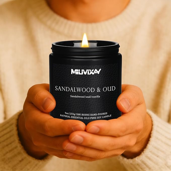 MILIVIXAY Candle for Men Sandalwood & Oud Scented Classic 9oz Jar Single Wick Candle, Soy Wax Candles for Consistent Burn, Over 50 Hours of Burn Time, Ideal for Creating Relaxing & Holiday Gifting.