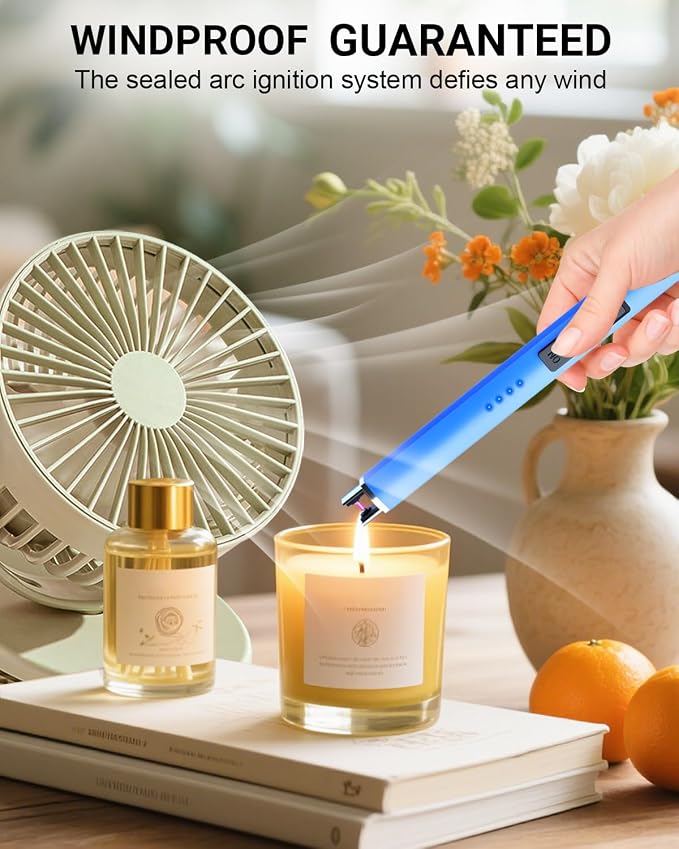 FUKKUDA Electric Candle Lighter with Safety Switch - USB Rechargeable Windproof & Flameless Plasma Arc Lighter for Easter Basket Stuffers (Sapphire Blue)