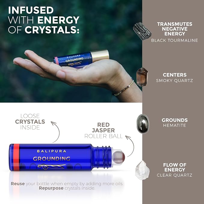 Grounding Vanilla Essential Oil Roll On with Positive Energy Chakra Crystals - Organic Essential Oils Blend, Roll On with Healing Crystals - Natural Essential Oil