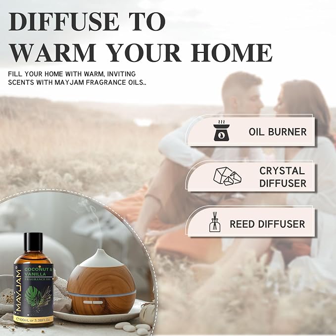 MAYJAM 100ML/3.38FL.OZ Coconut & Vanilla Fragrance Oils with Glass Dropper, Essential Oils for Diffusers for Home, Long Lasting Scented Oils for Diffusers Soap Candle Making