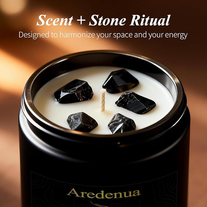 Scented Candle with Crystal for Emotional Protection and Grounding - Cedarwood Aromatherapy Candle with Obsidian Healing Crystals, Natural Soy Wax 7oz, Strength Gift for Women Men